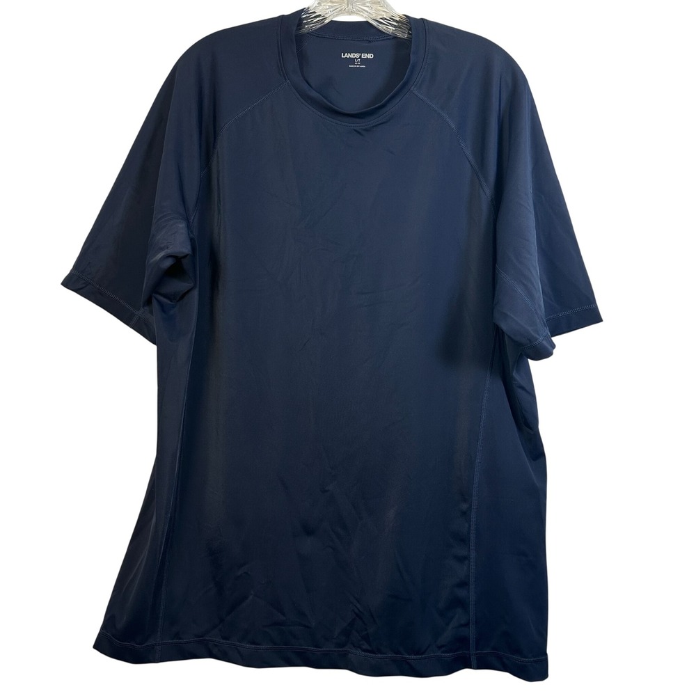 Lands End Mens Navy Blue Short Sleeve UPF 50 Swim Tee Rash Guard Size L/T